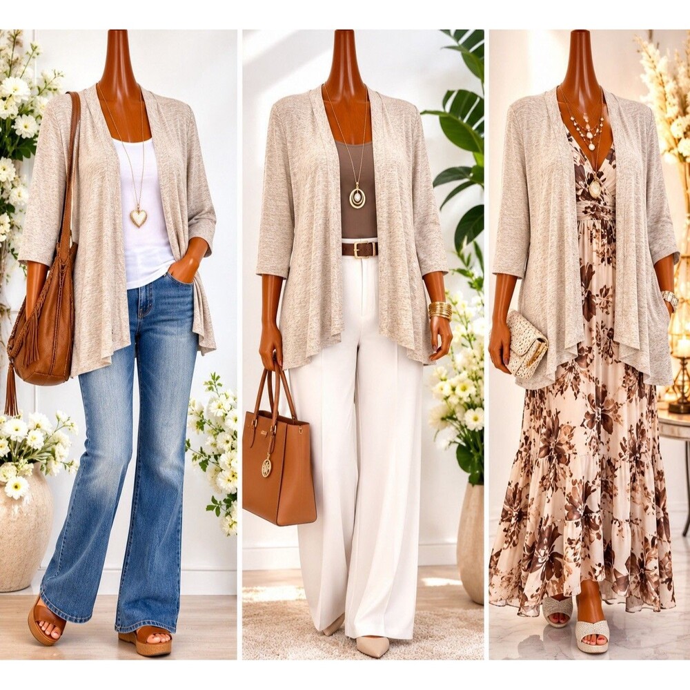 Emery Rose Womens 3XL Open Front Cardigan Heather Beige 3/4 Sleeve Light PLus
